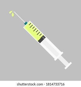 Clinical Syringe With Hypodermic Needle Contains Green Liquid Medicine Or Vaccine For Injection. Vector Illustration