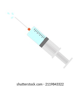 clinical syringe with hypodermic needle contains blue liquid medicine or vaccine for injection isolated on white background
