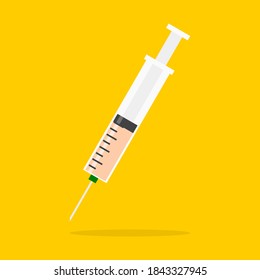 clinical syringe with hypodermic needle for vaccine injection isolated on yellow background. vector illustration