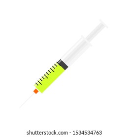 clinical syringe with needle contains green liquid medicine or vaccine for injection isolated on white background. vector illustration 