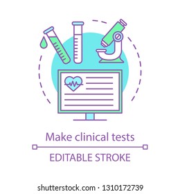 Clinical tests concept icon. Laboratory analysis idea thin line illustration. Diagnostic lab. Test tubes, microscope, computer. Medical research. Vector isolated outline drawing. Editable stroke