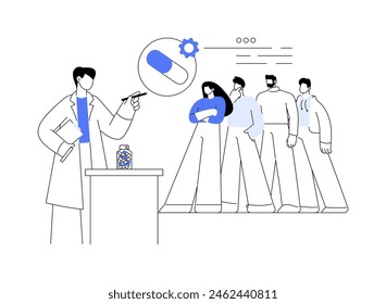 Clinical trial abstract concept vector illustration. Doctor in uniform signs up volunteers for clinical trials, medicine sector, pharmaceutical market, drug testing process abstract metaphor.