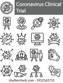 Ensayo clínico de Coronavirus Concept Vector Icon Set, Lab Research and Study Symbol sobre Covid-10 en fondo blanco, Desarrollo de vacunas y antídotos y pruebas en humanos