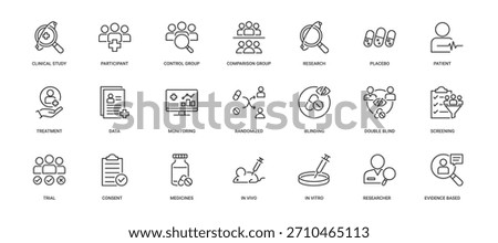 Clinical Trial icon set containing clinical study, participant, control group, comparison group, research, placebo, patient, treatment, randomized, double-blind, medicines, in vivo and in vitro