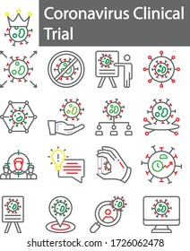 Ensayo clínico del nuevo conjunto de iconos de color del vector del coronavirus del concepto del coronavirus del virus, análisis de laboratorio y símbolos de estudio sobre el covid-10 sobre el fondo blanco, desarrollo de vacunas y antídotos y pruebas en humanos 