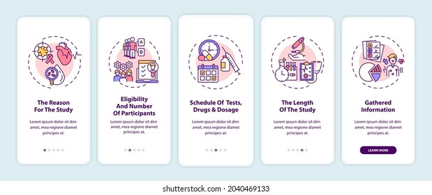 Clinical trial protocol components onboarding mobile app page screen with concepts. Study process walkthrough 5 steps graphic instructions. UI, UX, GUI vector template with linear color illustrations