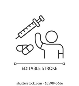 Clinical trial volunteer linear icon. Investigational treatment. Study drug. Research process. Thin line customizable illustration. Contour symbol. Vector isolated outline drawing. Editable stroke