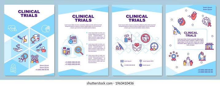 Clinical trials brochure template. New medicine, therapy testing. Flyer, booklet, leaflet print, cover design with linear icons. Vector layouts for presentation, annual reports, advertisement pages