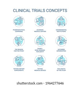 Clinical trials concept icons set. Medical studies idea thin line RGB color illustrations. Testing dietary supplements. Academic medical centers. Vector isolated outline drawings. Editable stroke