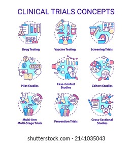 Clinical Trials Concept Icons Set. Healthcare Study. Science Medical Research Idea Thin Line Color Illustrations. Isolated Symbols. Editable Stroke. Roboto-Medium, Myriad Pro-Bold Fonts Used