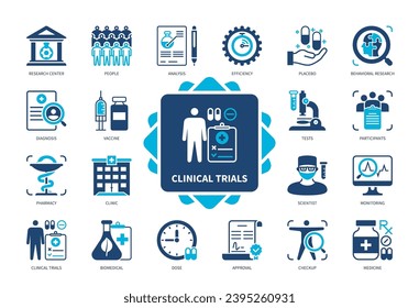 Clinical Trials icon set. Research Center, Placebo, Analysis, Participants, Tests, Biomedical, Effectivity, Approval. Duotone color solid icons