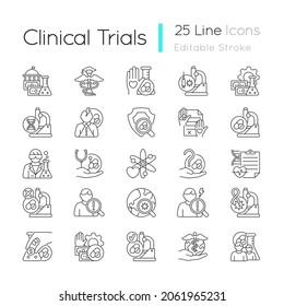 Clinical Trials Linear Icons Set. Experimental Medicine Research. Clinical Scientist. New Drugs Testing. Customizable Thin Line Contour Symbols. Isolated Vector Outline Illustrations. Editable Stroke