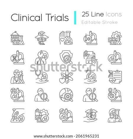 Clinical trials linear icons set. Experimental medicine research. Clinical scientist. New drugs testing. Customizable thin line contour symbols. Isolated vector outline illustrations. Editable stroke