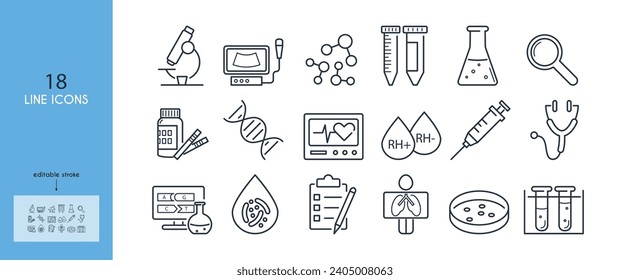 Clinical trials, research, study line icon set. Medical laboratory. microscope,test tubes,centrifuge, ultrasound machine,blood, stethoscope, dna, genetic analysis,rhesus factor. Editable stroke.