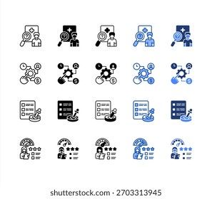 Pruebas clínicas, asignación de recursos, pruebas de laboratorio, revisión por pares, conjunto de iconos de estilos múltiples.