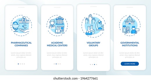 Clinical trials support onboarding mobile app page screen with concepts. Pharm companies walkthrough 4 steps graphic instructions. UI, UX, GUI vector template with linear color illustrations