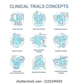 Clinical trials turquoise concept icons set. Healthcare study. Science medical research idea thin line color illustrations. Isolated symbols. Editable stroke. Roboto-Medium, Myriad Pro-Bold fonts used