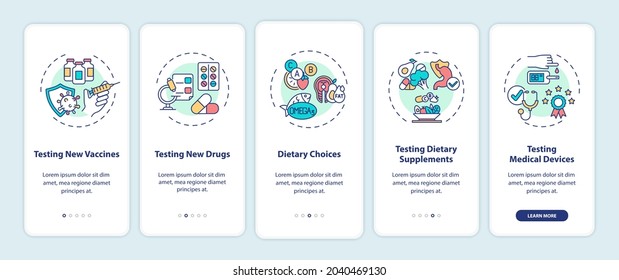 Clinical trials types onboarding mobile app page screen with concepts. New vaccines, drugs, diet walkthrough 5 steps graphic instructions. UI, UX, GUI vector template with linear color illustrations