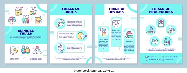 Clinical trials types turquoise brochure template. Medical science. Leaflet design with linear icons. 4 vector layouts for presentation, annual reports. Arial-Black, Myriad Pro-Regular fonts used