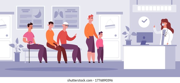 Clinical waiting room. Doctor medical appointment time, patients waiting in queue, hospital physician doctor meet arrangement vector illustration. Hospital clinic waiting room, medical doctor office