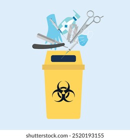 Clinical waste and Sharps disposal in dustbin, dangerous medical products, medical waste with hospital garbage, unrecyclable medical waste disposal with handwash dispenser, used mask, blade