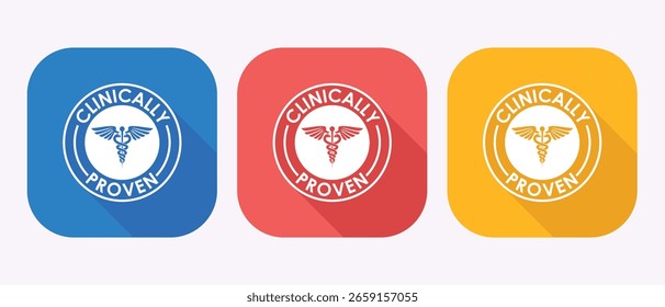 Insignias clínicamente probadas en azul, rojo y oro que representan la validación médica y el respaldo científico con el símbolo de Caduceo