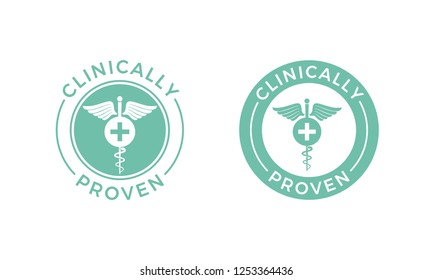 Clinically proven caduceus label. Vector pharmaceutical medical proven tested product cross icon