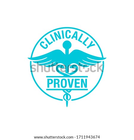 Clinically proven stamp with caduceus symbol - pharmaceutical medical tested and certified product - vector icon