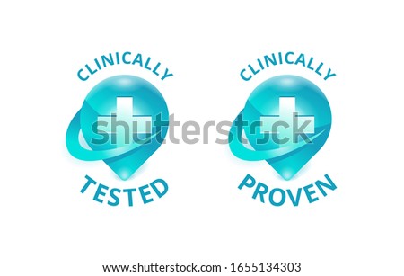 Clinically proven and clinically tested stamp for laboratory tested products - vector emblem with medical cross in 2 variations