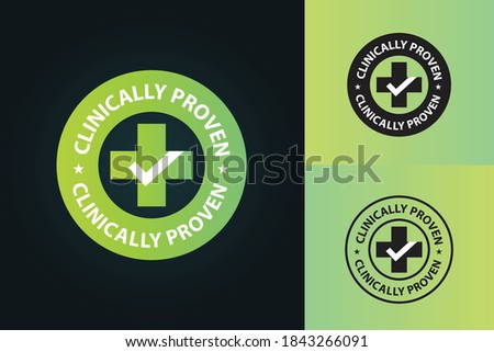 clinically proven vector illustration, emblem, icon, sign, cross with tick mark , green colored