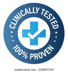 'clinically tested, 100% proven' vector icon with cross and tick mark, blue in color.
