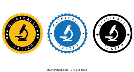Conjunto de insignias certificadas clínicamente probadas: etiquetas médicas redondas de Vector con ícono de microscopio en amarillo, azul y negro para Productos de laboratorio y de atención médica