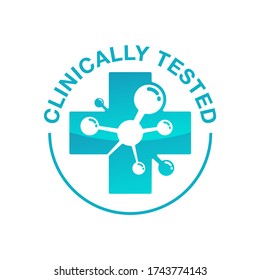 Clinically tested ingredients stamp - isolated sticker - circle text, medical cross and molecular structure - for healthy food products and cosmetics packaging decoration