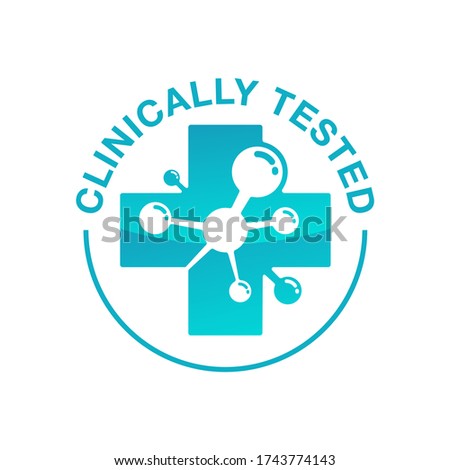 Clinically tested ingredients stamp - isolated sticker - circle text, medical cross and molecular structure - for healthy food products and cosmetics packaging decoration