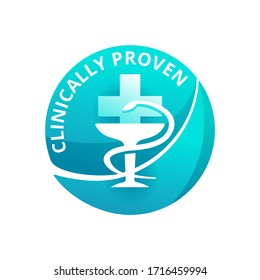 Tarjeta moderna probada clínicamente (estampilla probada de forma médica) para productos probados en laboratorio - icono vector con símbolo médico - Tazón de Hygieia