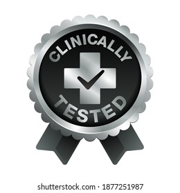 Sello clínicamente probado, probado, certificado para productos de pruebas de laboratorio - icono vector de plata con cruz médica y marca de verificación