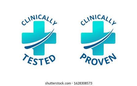 Clinically tested and clinically proven sticker for laboratory tested products - vector packaging element with modern medical cross in 2 variations