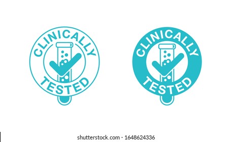 Vial de laboratorio (tubo de ensayo) en ebullición con signos sometidos a ensayo clínico, mezclado dentro de un sello circular - elemento vectorial aislado para productos médicos probados