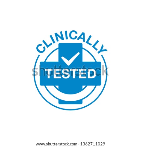 Clinically tested sticker for laboratory tested products - vector element with medical cross and tick sign