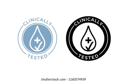 Clinically tested vector label of water drop and medical test cross for sensitive skin of kid cosmetic skincare products package icon stamp