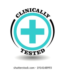 Clinically tested vector stamp with medical cross icon isolated on white. Round symbol for laboratory approved product packaging