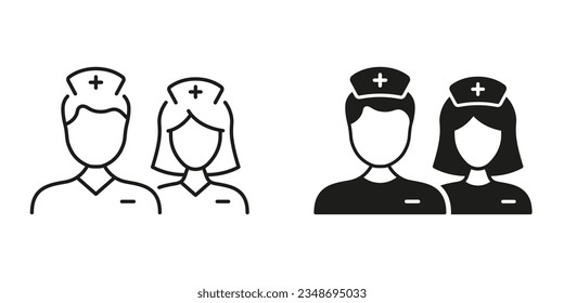 Clinician, Doctor, Nurse, Intern, Hospital Staff Pictogram. Medical Specialist Man and Woman Line and Silhouette Black Icon Set. General Practitioners Symbol Collection. Isolated Vector Illustration.