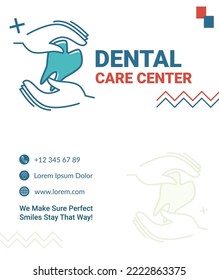Clinics or hospitals with dental care and treatment for your teeth. Business card with contact information, website and phone number. Services and maintenance of health. Vector in flat style