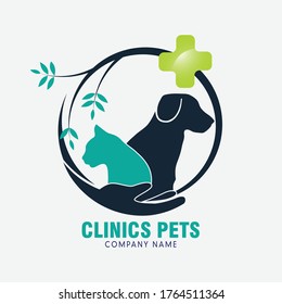 Clínicas diseño del logotipo de mascotas con perro y gato de asiento