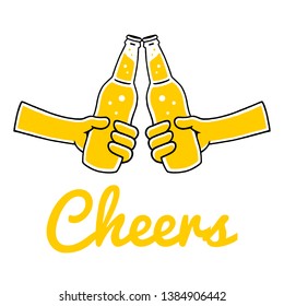 Clink. Clinking Beer Bottle. Hand-drawn Beer Bttle. Beer Party. Bottle of Beer in Hand on white background isolated. Stock Vector Illustration. Cartoon style