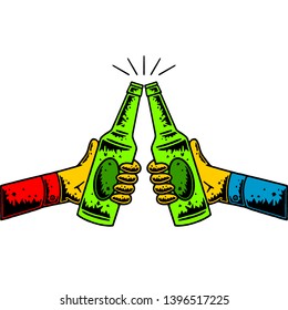 Clink. Clinking Beer Bottle. Hand-drawn Beer Bttle. Beer Festival. Bottle of Beer in Hand on white background isolated. Stock Vector Illustration. Cartoon style
