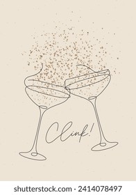 Clink glass of champagne with splash drawing in pen line style on beige background