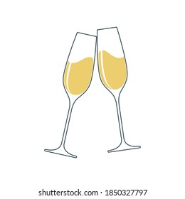 Clink glasses champagne graphic icon. Cheers with two champagne glasses sign isolated on white background. Vector illustration