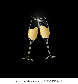 Clink glasses champagne graphic icon. Cheers with two champagne glasses sign isolated on black background. Vector illustration