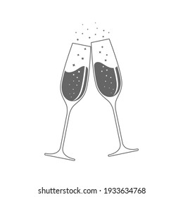 Clink glasses champagne graphic icon. Cheers with two champagne glasses sign isolated on white background. Vector illustration